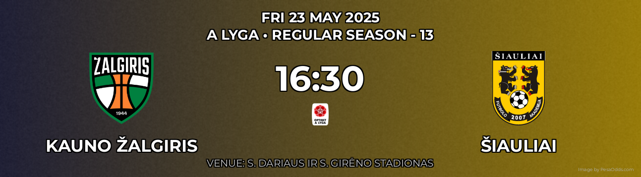 Kauno Žalgiris vs Šiauliai Prediction match poster for A Lyga fixture on FRI 23 MAY 2025