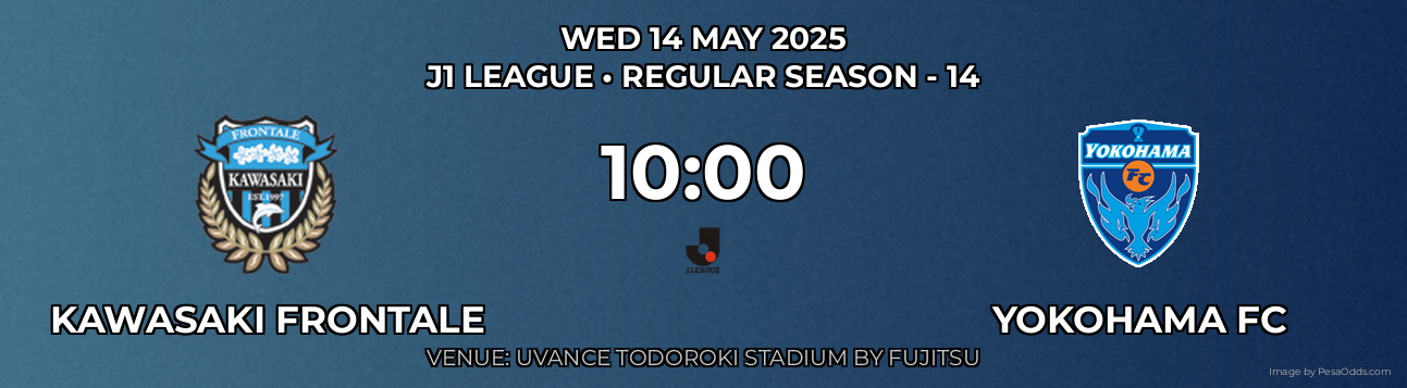 Kawasaki Frontale vs Yokohama FC Prediction match poster for J1 League fixture on WED 14 MAY 2025