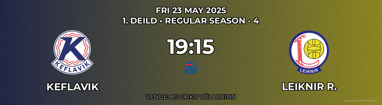 Keflavik vs Leiknir R. Prediction match poster for 1. Deild fixture on FRI 23 MAY 2025