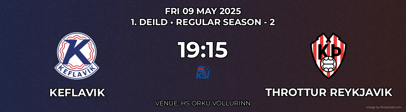 Keflavik vs Throttur Reykjavik Prediction match poster for 1. Deild fixture on FRI 09 MAY 2025