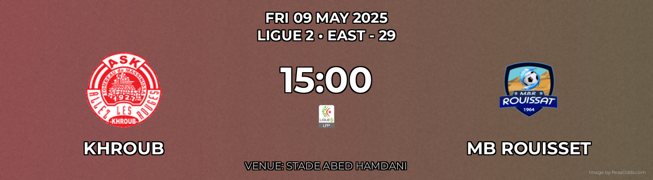 Khroub vs MB Rouisset Prediction match poster for Ligue 2 fixture on FRI 09 MAY 2025