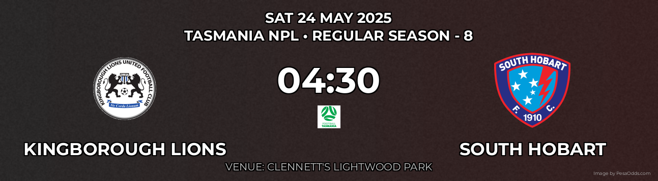 Kingborough Lions vs South Hobart Prediction match poster for Tasmania NPL fixture on SAT 24 MAY 2025