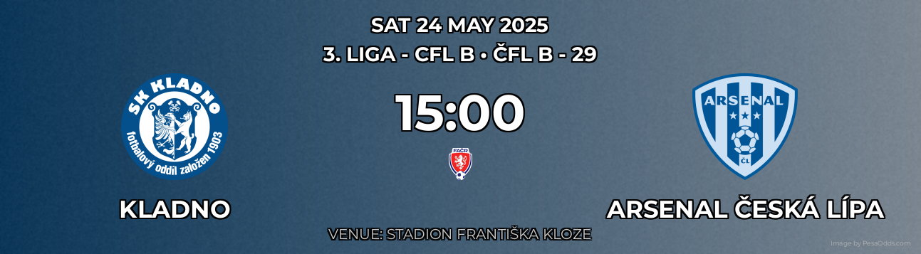 Kladno vs Arsenal Česká Lípa Prediction match poster for 3. liga - CFL B fixture on SAT 24 MAY 2025