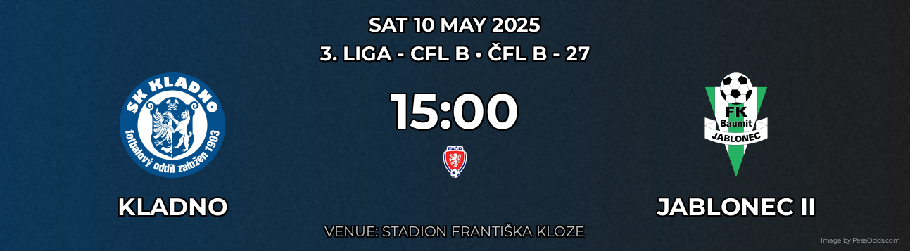 Kladno vs Jablonec II Prediction match poster for 3. liga - CFL B fixture on SAT 10 MAY 2025