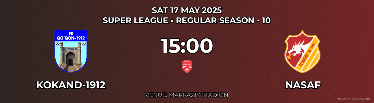 Kokand-1912 vs Nasaf Prediction match poster for Super League fixture on SAT 17 MAY 2025