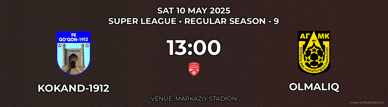Kokand-1912 vs Olmaliq Prediction match poster for Super League fixture on SAT 10 MAY 2025