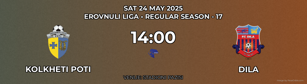 Kolkheti Poti vs Dila Prediction match poster for Erovnuli Liga fixture on SAT 24 MAY 2025