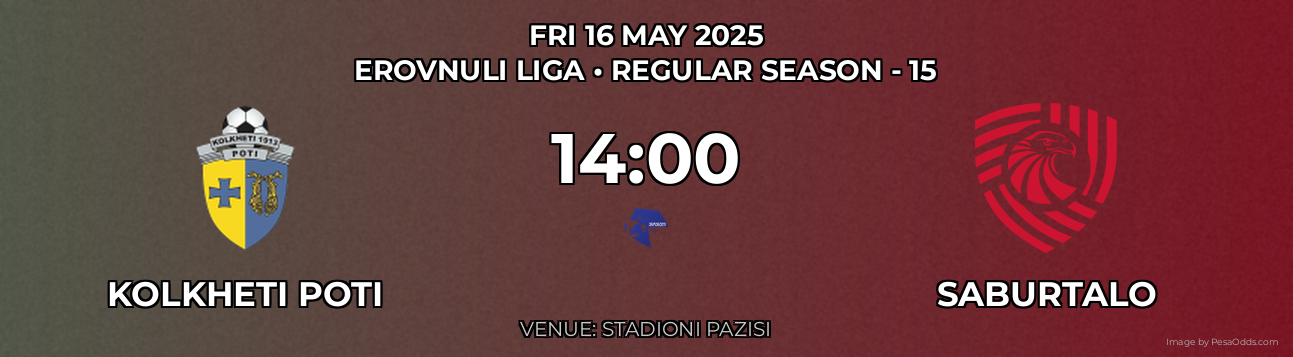 Kolkheti Poti vs Saburtalo Prediction match poster for Erovnuli Liga fixture on FRI 16 MAY 2025