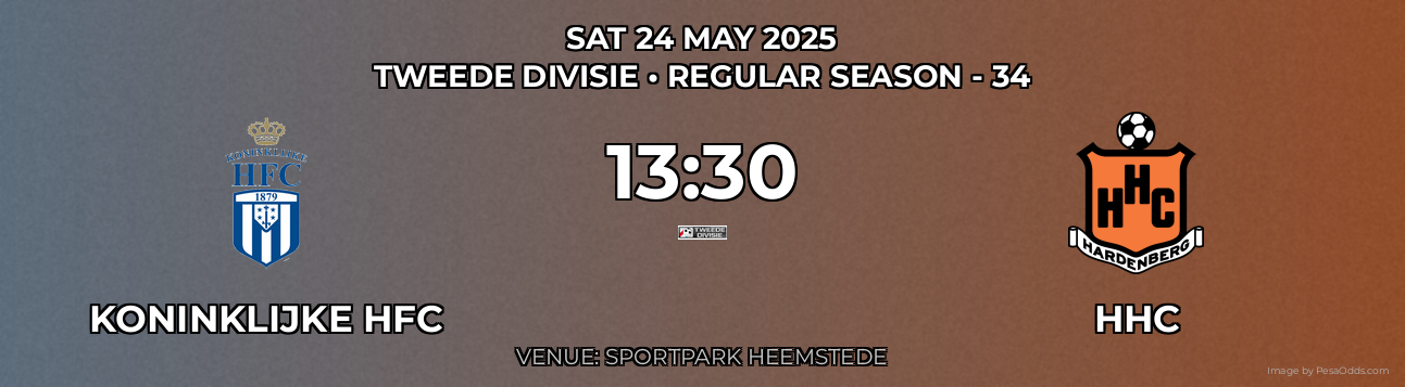 Koninklijke HFC vs HHC Prediction match poster for Tweede Divisie fixture on SAT 24 MAY 2025