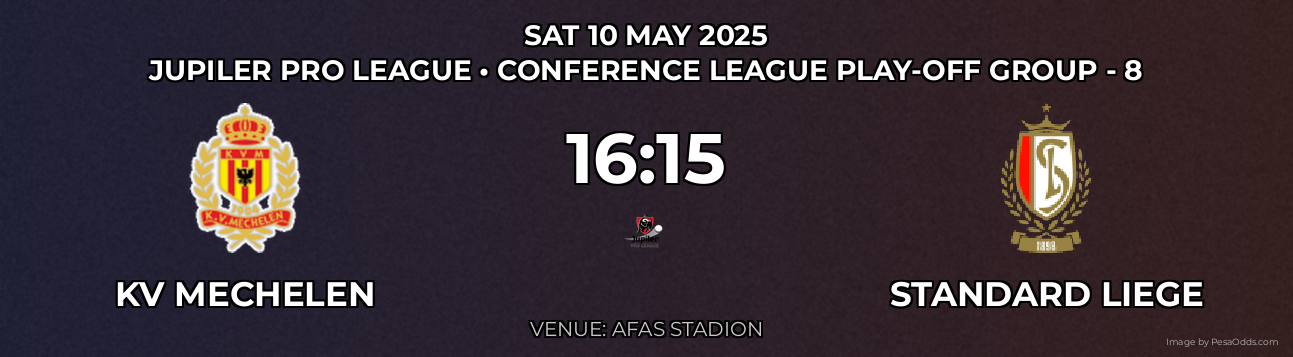 KV Mechelen vs Standard Liege Prediction match poster for Jupiler Pro League fixture on SAT 10 MAY 2025