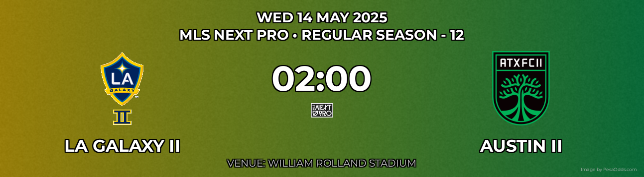 LA Galaxy II vs Austin II Prediction match poster for MLS Next Pro fixture on WED 14 MAY 2025