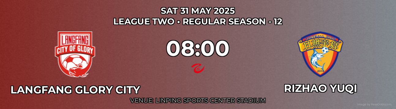 Langfang Glory City vs Rizhao Yuqi Prediction match poster for League Two fixture on SAT 31 MAY 2025