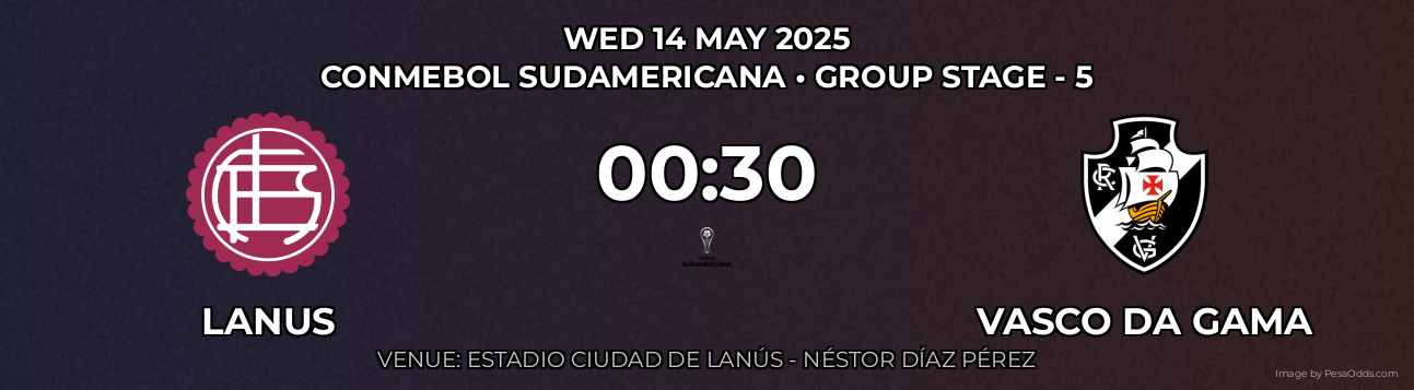 Lanus vs Vasco DA Gama Prediction match poster for CONMEBOL Sudamericana fixture on WED 14 MAY 2025