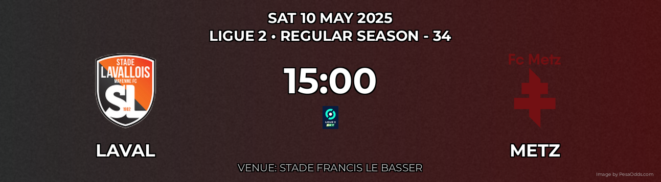 Laval vs Metz Prediction match poster for Ligue 2 fixture on SAT 10 MAY 2025