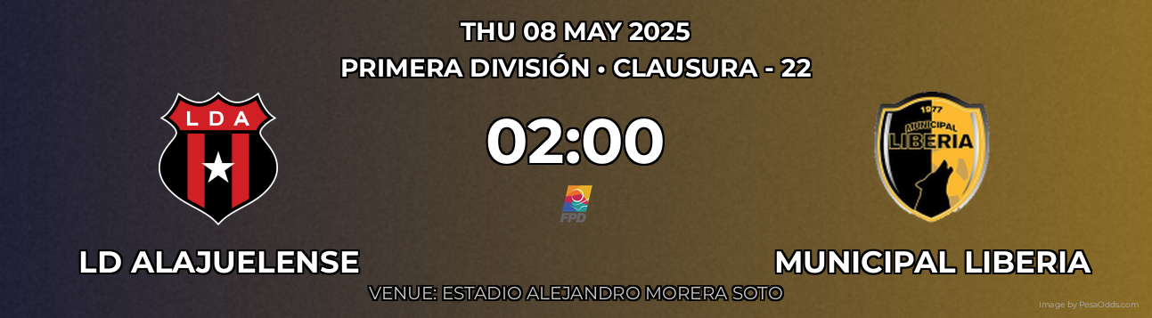LD Alajuelense vs Municipal Liberia Prediction match poster for Primera División fixture on THU 08 MAY 2025