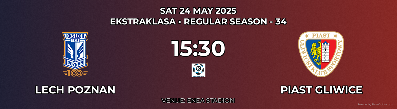 Lech Poznan vs Piast Gliwice Prediction match poster for Ekstraklasa fixture on SAT 24 MAY 2025