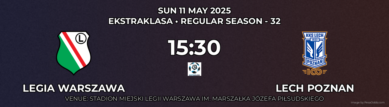 Legia Warszawa vs Lech Poznan Prediction match poster for Ekstraklasa fixture on SUN 11 MAY 2025