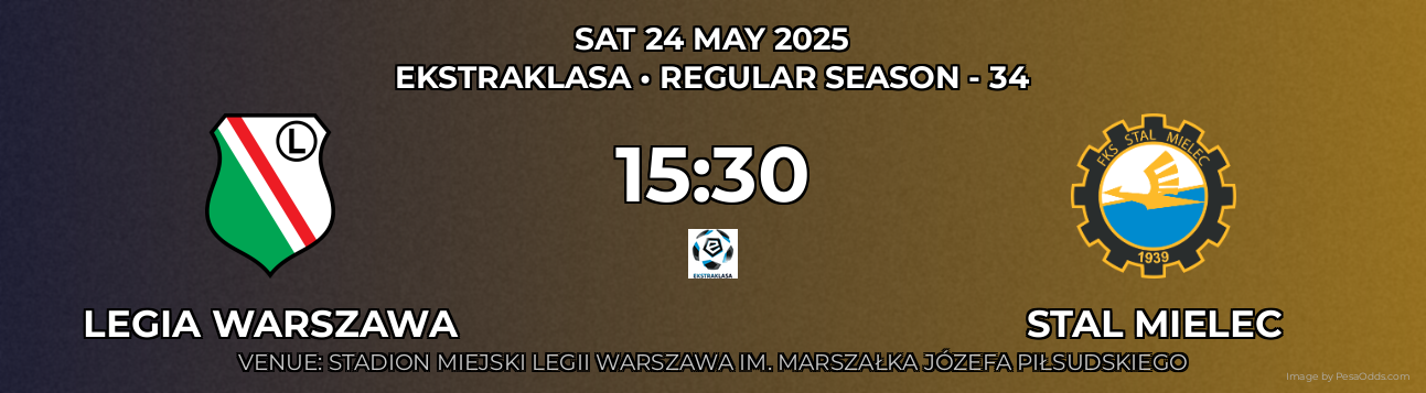 Legia Warszawa vs Stal Mielec Prediction match poster for Ekstraklasa fixture on SAT 24 MAY 2025