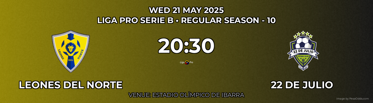 Leones del Norte vs 22 de Julio Prediction match poster for Liga Pro Serie B fixture on WED 21 MAY 2025