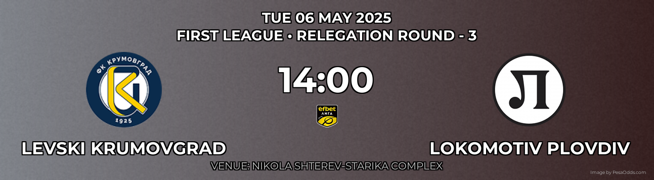 Levski Krumovgrad vs Lokomotiv Plovdiv Prediction match poster for First League fixture on TUE 06 MAY 2025