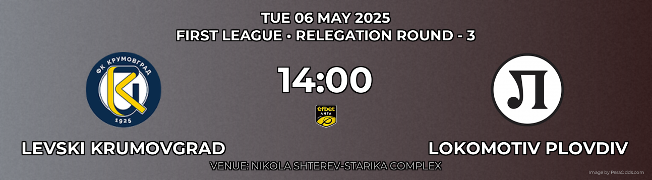 Levski Krumovgrad vs Lokomotiv Plovdiv Prediction match poster for First League fixture on TUE 06 MAY 2025