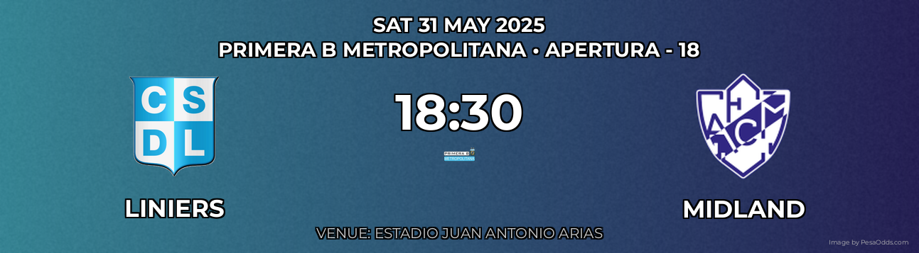 Liniers vs Midland Prediction match poster for Primera B Metropolitana fixture on SAT 31 MAY 2025