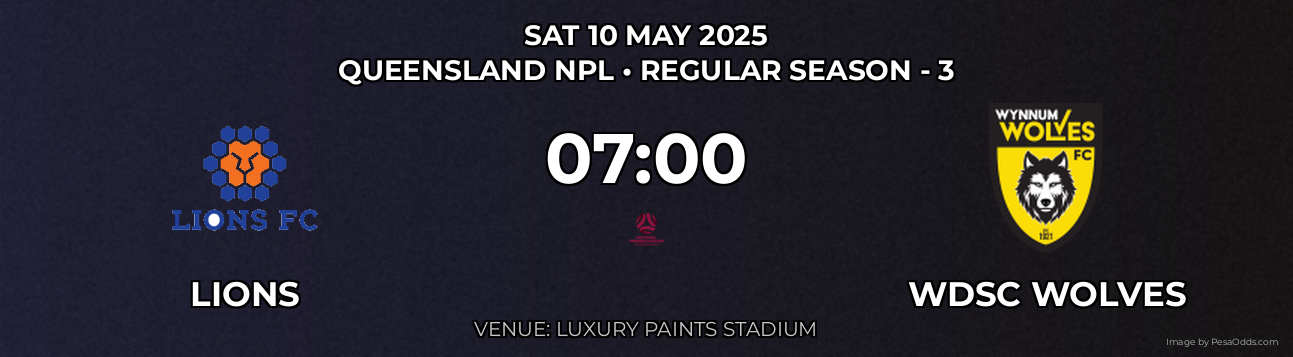Lions vs WDSC Wolves Prediction match poster for Queensland NPL fixture on SAT 10 MAY 2025