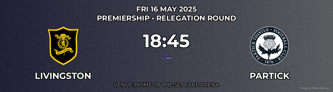 Livingston vs Partick Prediction match poster for Premiership fixture on FRI 16 MAY 2025