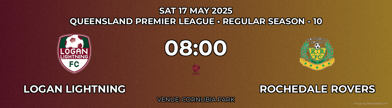 Logan Lightning vs Rochedale Rovers Prediction match poster for Queensland Premier League fixture on SAT 17 MAY 2025
