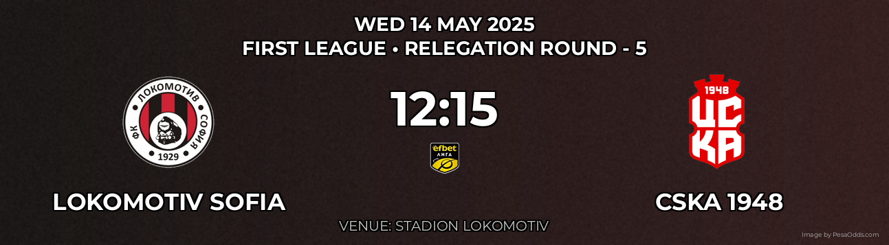 Lokomotiv Sofia vs CSKA 1948 Prediction match poster for First League fixture on WED 14 MAY 2025