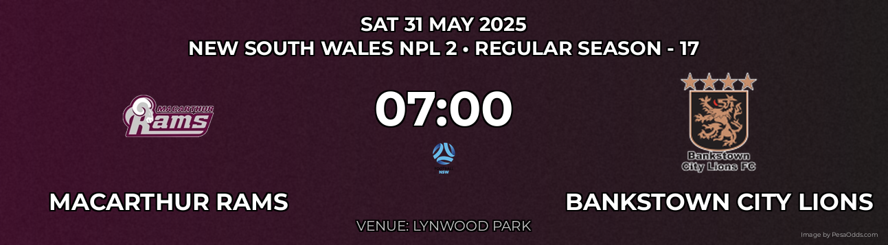 Macarthur Rams vs Bankstown City Lions Prediction match poster for New South Wales NPL 2 fixture on SAT 31 MAY 2025