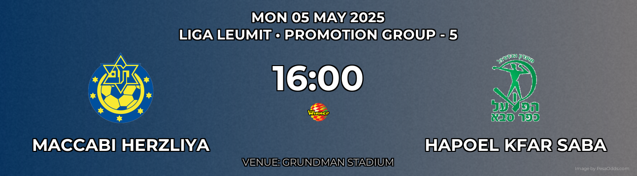 Maccabi Herzliya vs Hapoel Kfar Saba Prediction match poster for Liga Leumit fixture on MON 05 MAY 2025