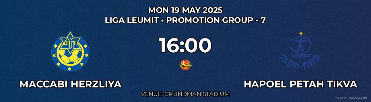 Maccabi Herzliya vs Hapoel Petah Tikva Prediction match poster for Liga Leumit fixture on MON 19 MAY 2025