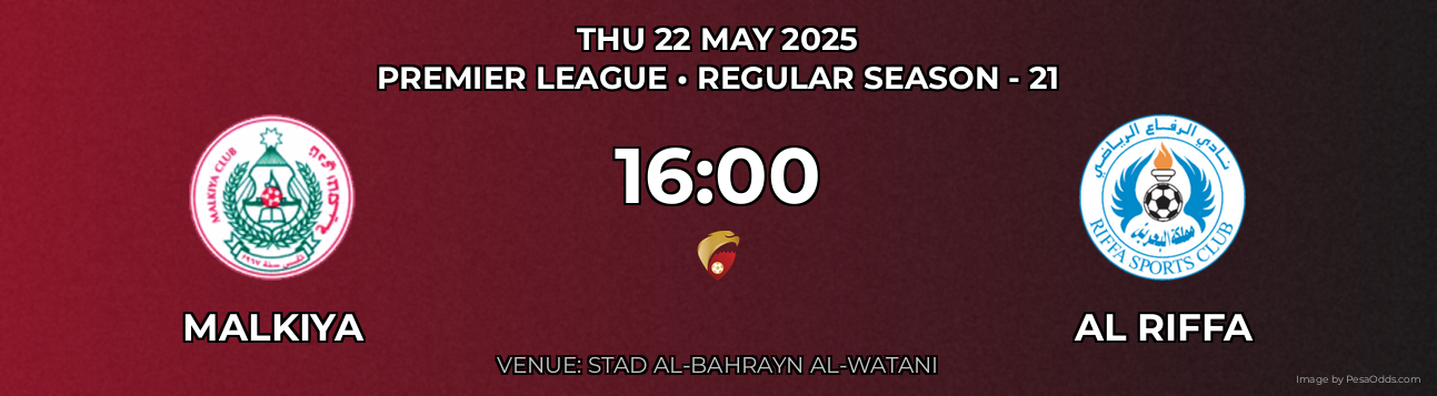 Malkiya vs Al Riffa Prediction match poster for Premier League fixture on THU 22 MAY 2025