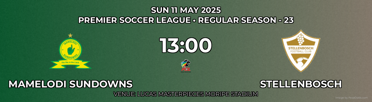 Mamelodi Sundowns vs Stellenbosch Prediction match poster for Premier Soccer League fixture on SUN 11 MAY 2025