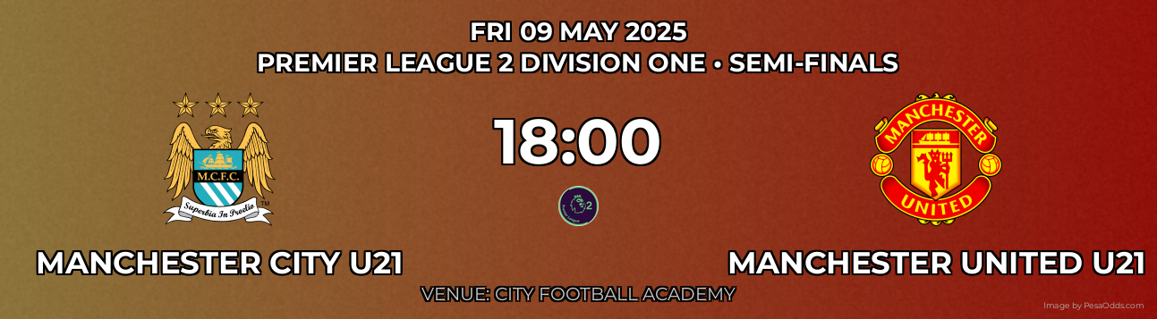 Manchester City U21 vs Manchester United U21 Prediction match poster for Premier League 2 Division One fixture on FRI 09 MAY 2025