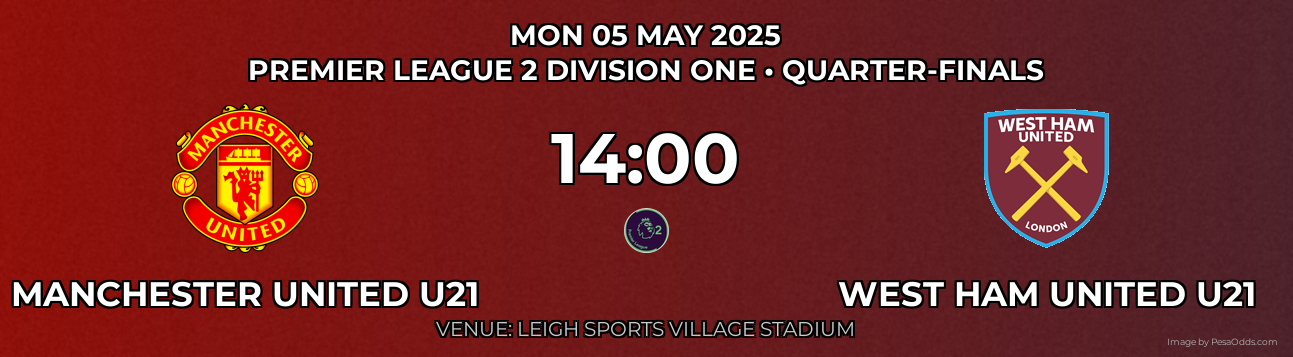 Manchester United U21 vs West Ham United U21 Prediction match poster for Premier League 2 Division One fixture on MON 05 MAY 2025