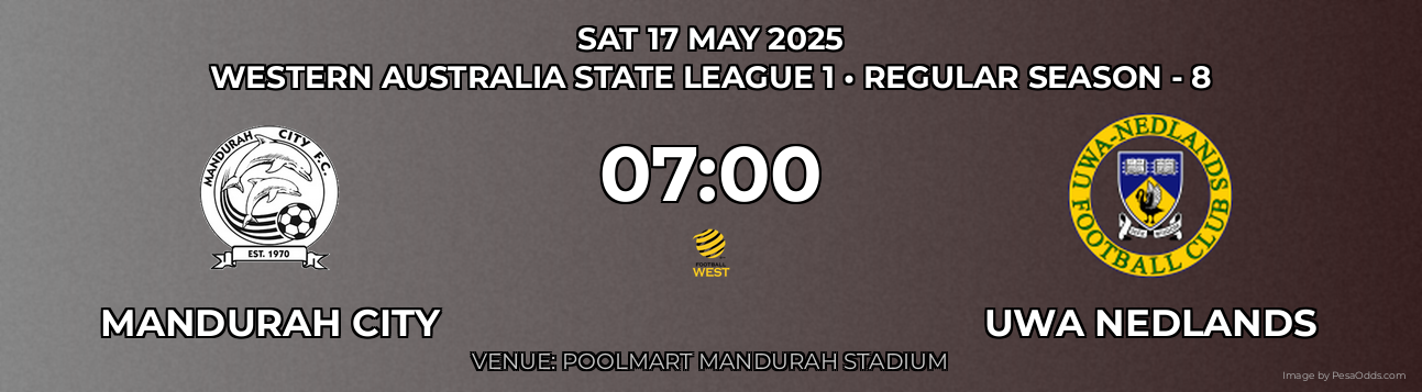 Mandurah City vs UWA Nedlands Prediction match poster for Western Australia State League 1 fixture on SAT 17 MAY 2025