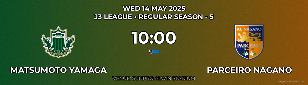 Matsumoto Yamaga vs Parceiro Nagano Prediction match poster for J3 League fixture on WED 14 MAY 2025