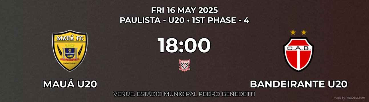 Mauá U20 vs Bandeirante U20 Prediction match poster for Paulista - U20 fixture on FRI 16 MAY 2025
