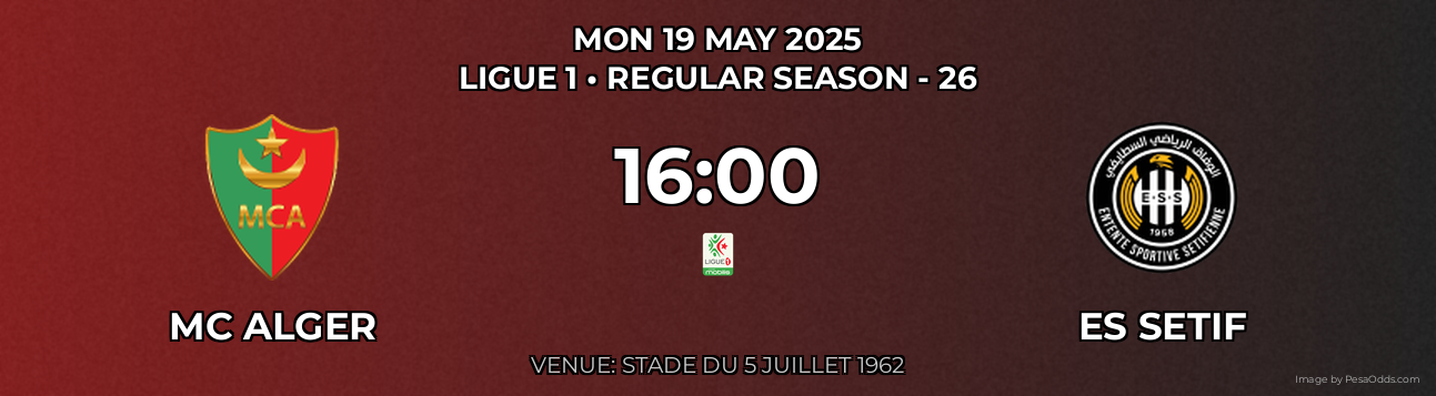 MC Alger vs ES Setif Prediction match poster for Ligue 1 fixture on MON 19 MAY 2025