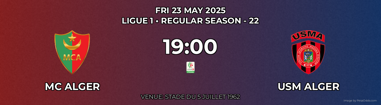 MC Alger vs USM Alger Prediction match poster for Ligue 1 fixture on FRI 23 MAY 2025