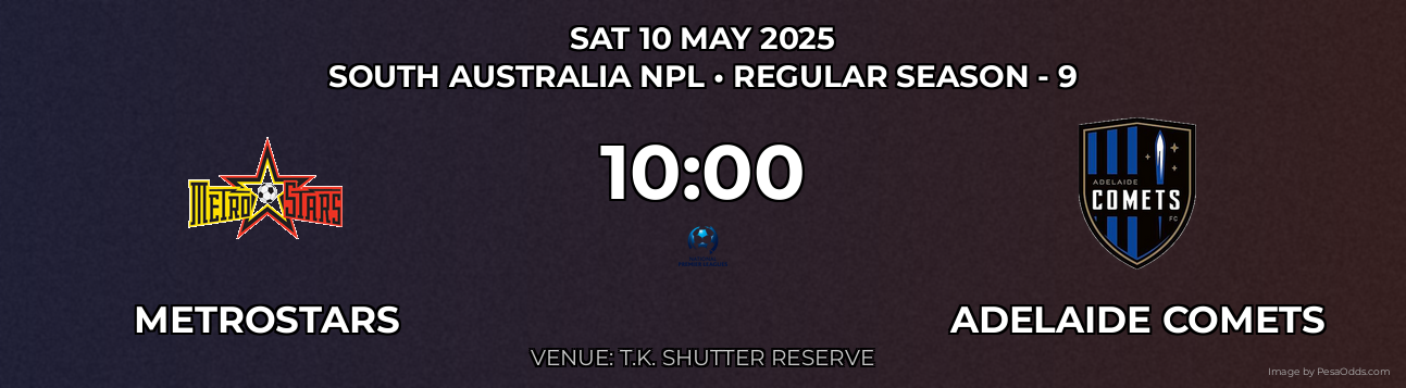MetroStars vs Adelaide Comets Prediction match poster for South Australia NPL fixture on SAT 10 MAY 2025