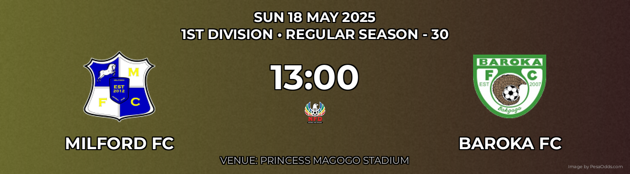 Milford FC vs Baroka FC Prediction match poster for 1st Division fixture on SUN 18 MAY 2025