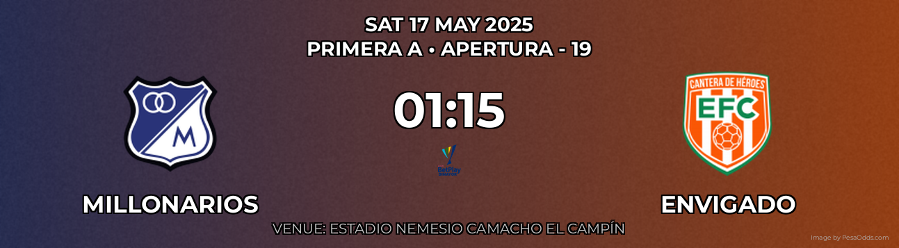 Millonarios vs Envigado Prediction match poster for Primera A fixture on SAT 17 MAY 2025