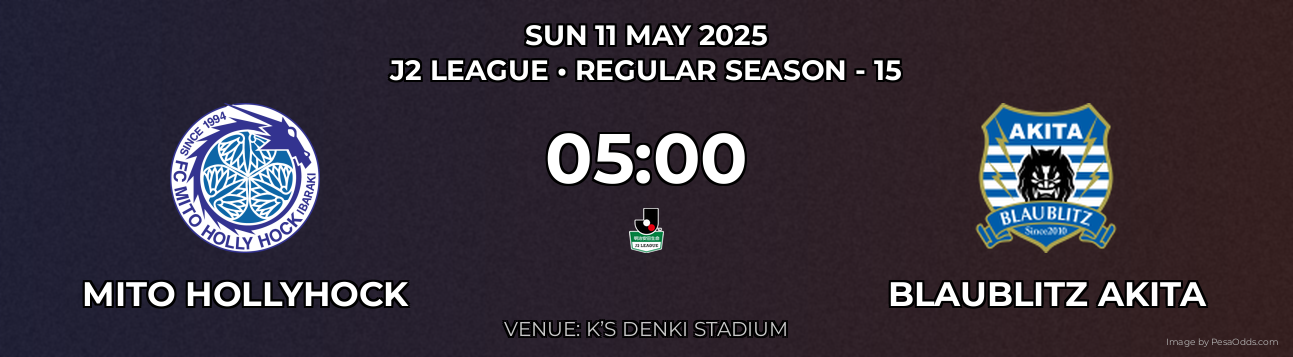 Mito Hollyhock vs Blaublitz Akita Prediction match poster for J2 League fixture on SUN 11 MAY 2025