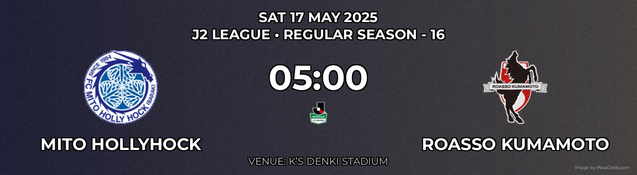 Mito Hollyhock vs Roasso Kumamoto Prediction match poster for J2 League fixture on SAT 17 MAY 2025