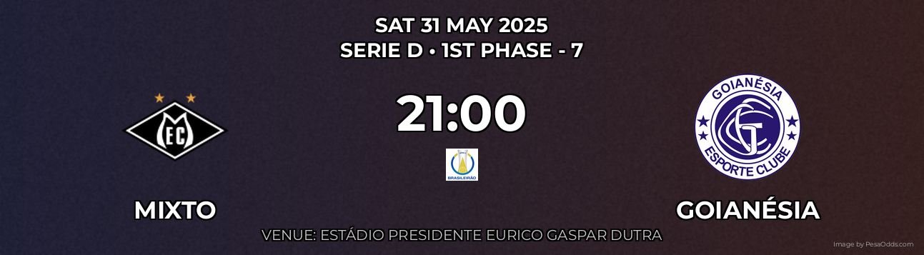 Mixto vs Goianésia Prediction match poster for Serie D fixture on SAT 31 MAY 2025