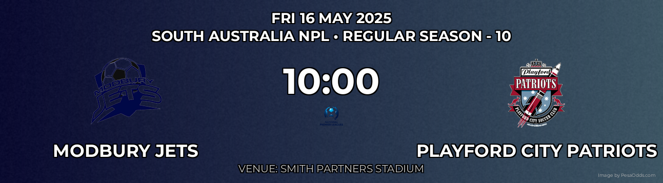 Modbury Jets vs Playford City Patriots Prediction match poster for South Australia NPL fixture on FRI 16 MAY 2025