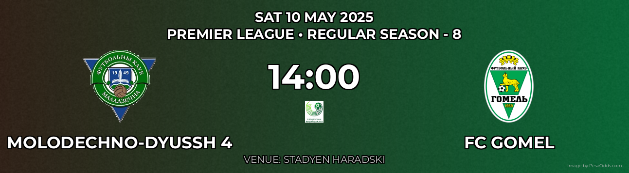 Molodechno-DYuSSh 4 vs FC Gomel Prediction match poster for Premier League fixture on SAT 10 MAY 2025